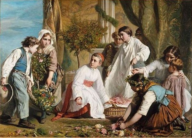 Oil painting by Alexandre Antigna depicting a group of children preparing flowers for a festival.