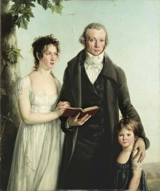 Classical portrait of Alexandre Lenoir with his wife, Adélaïde Binart, and their daughter, Zélie, in a serene family setting.