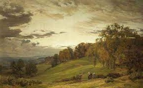 Oil painting by Alfred Parsons depicting a serene English manor park at sunset with lush greenery and rolling hills.