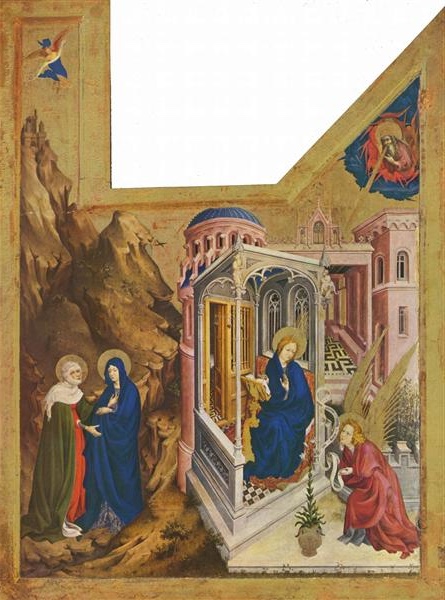 Painted left wing of an altarpiece showing the Annunciation to the Virgin Mary by the angel Gabriel and her Visitation to Elizabeth, set in a Gothic architectural environment.