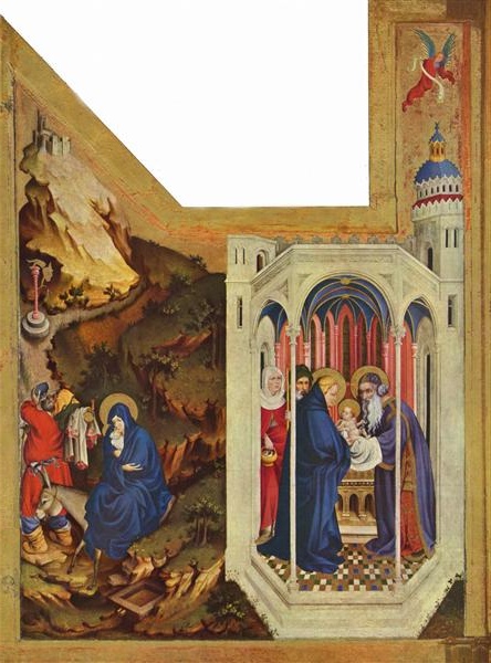 Right wing of an altarpiece depicting the Presentation of Jesus in the Temple and the Flight into Egypt, with intricate Gothic architecture framing the biblical scenes.