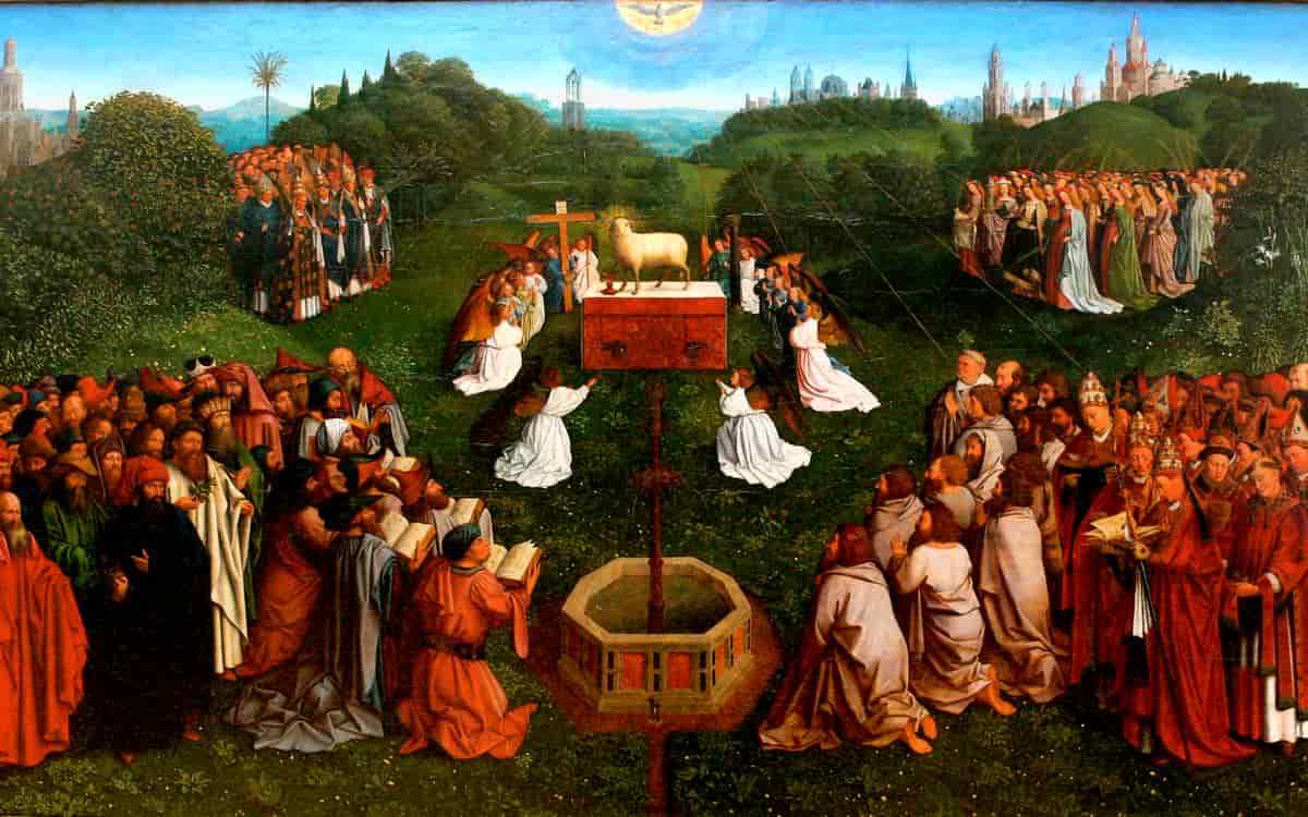 Jan van Eyck's 'The Adoration of the Mystic Lamb' from the Ghent Altarpiece, depicting a multitude of religious figures in vibrant robes gathered in a detailed, lush landscape, venerating the Lamb of God on an altar, under a radiant sky.