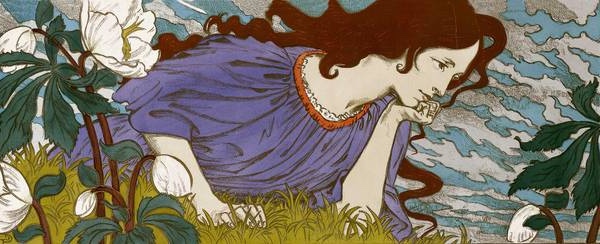 An art nouveau illustration of a woman in a blue gown lying in a field, surrounded by white flowers, gazing pensively at a white blossom in her hand.