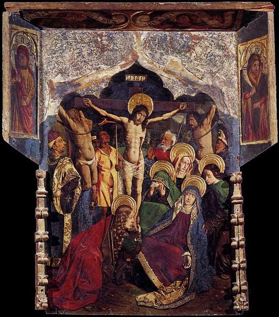 The Crucifixion altarpiece by Bartolome Bermejo, demonstrating his skill in dramatic religious representation and attention to detail.