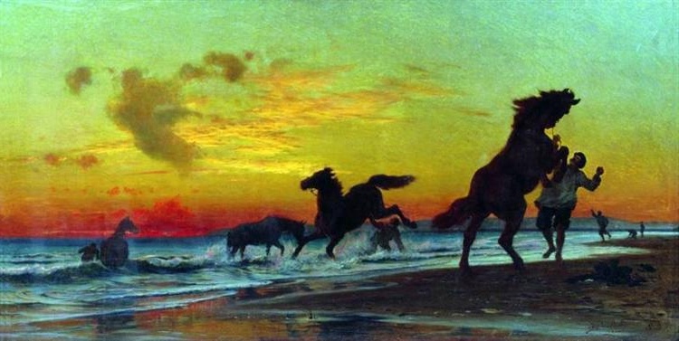 Volodymyr Orlovsky's painting 'Bathing Horses' with silhouetted horses at sunset, highlighting the beauty of skies in landscape painting.
