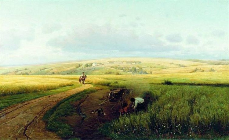 Volodymyr Orlovsky's landscape painting showcasing a vast field with a rider and people around a bonfire, under a wide sky.