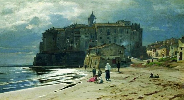 Volodymyr Orlovsky landscape painting of a majestic cityscape by the sea under a vast, expressive sky.