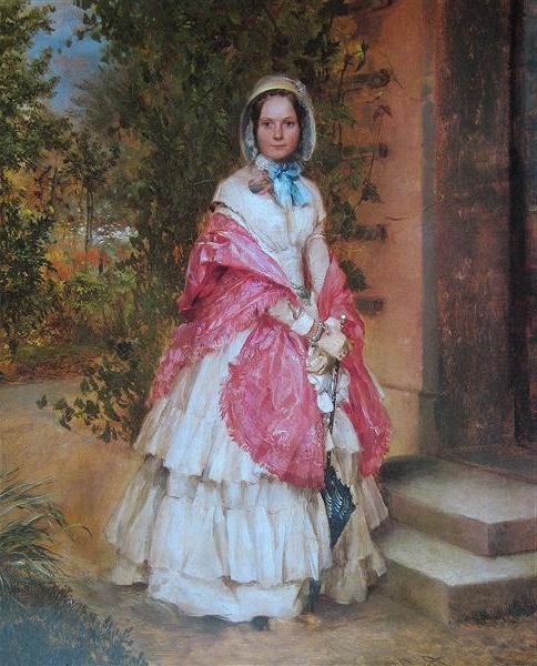 1848 portrait of Clara Schmidt von Knobelsdorff, painted by Adolph Menzel, showcasing her elegant attire and poised demeanor."