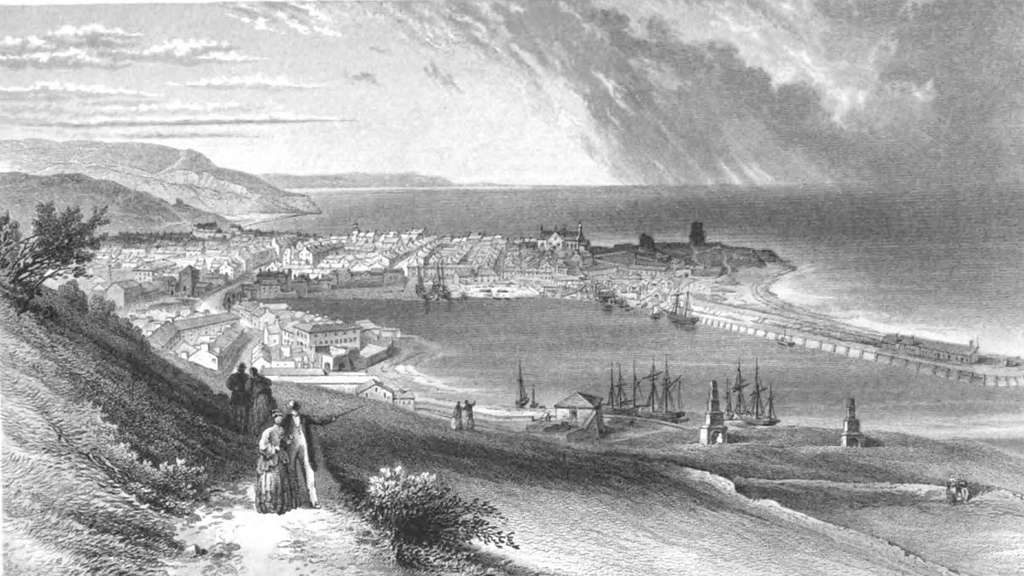 Engraved illustration of a bustling 19th-century coastal town with a prominent castle overlooking the bay.