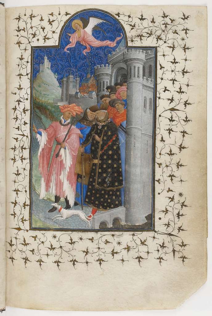 Jean de Berry employed several artists for the illumination of this book between 1375 and 1395. The Limbourgs added this pilgrimage scene in 1412 on the duke's request. Gothic Art and medivial illuminating