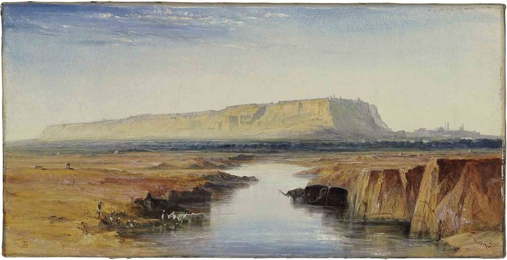 Edward Lear's 19th-century watercolor painting 'View of Gwalior' depicting the historic Indian fort on a sunlit day, with reflections in the water and local figures in the foreground A great illustration