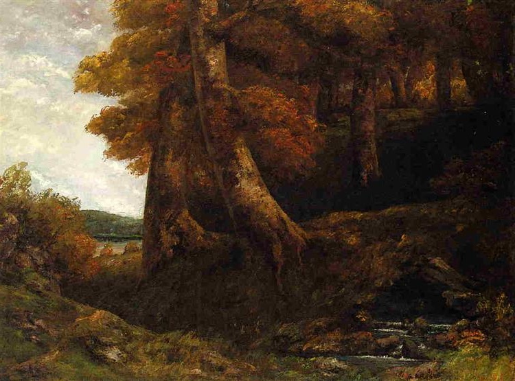 Gustave Courbet's 'The Oak at Flagey' painting, depicting a majestic tree in autumnal colors with a glimpse of a river in the background, embodying the essence of Ornans.