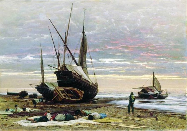 1874 landscape 'Evening Seashore' by Volodymyr Orlovsky, illustrating the peaceful convergence of sea and sky.