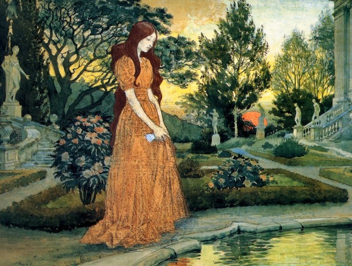 An Art Nouveau painting by Eugène Grasset of a contemplative woman in a flowing orange dress, standing in a lush garden at dusk.