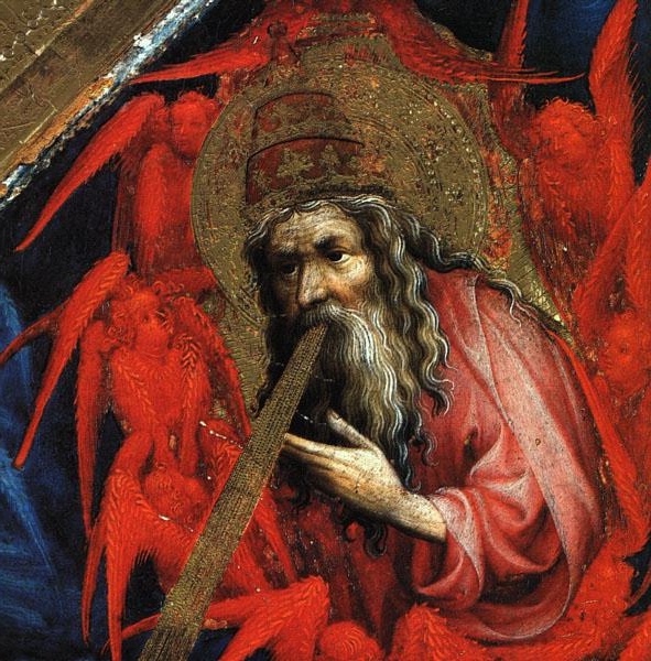 Central panel of an altarpiece depicting God the Father in a red robe, surrounded by a golden halo and red seraphim, representing divine majesty and authority.