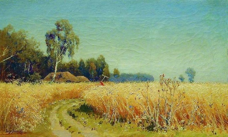 The landscape 'Grain is Maturing, 1877' by Volodymyr Orlovsky, showcasing the rich textures of the earth against a vast sky.