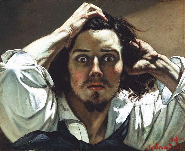 Self-portrait of Gustave Courbet, titled 'Le Désespéré', showing a young man clutching his hair with both hands, wide-eyed with a sense of urgency and despair.A great French Painting realism.
