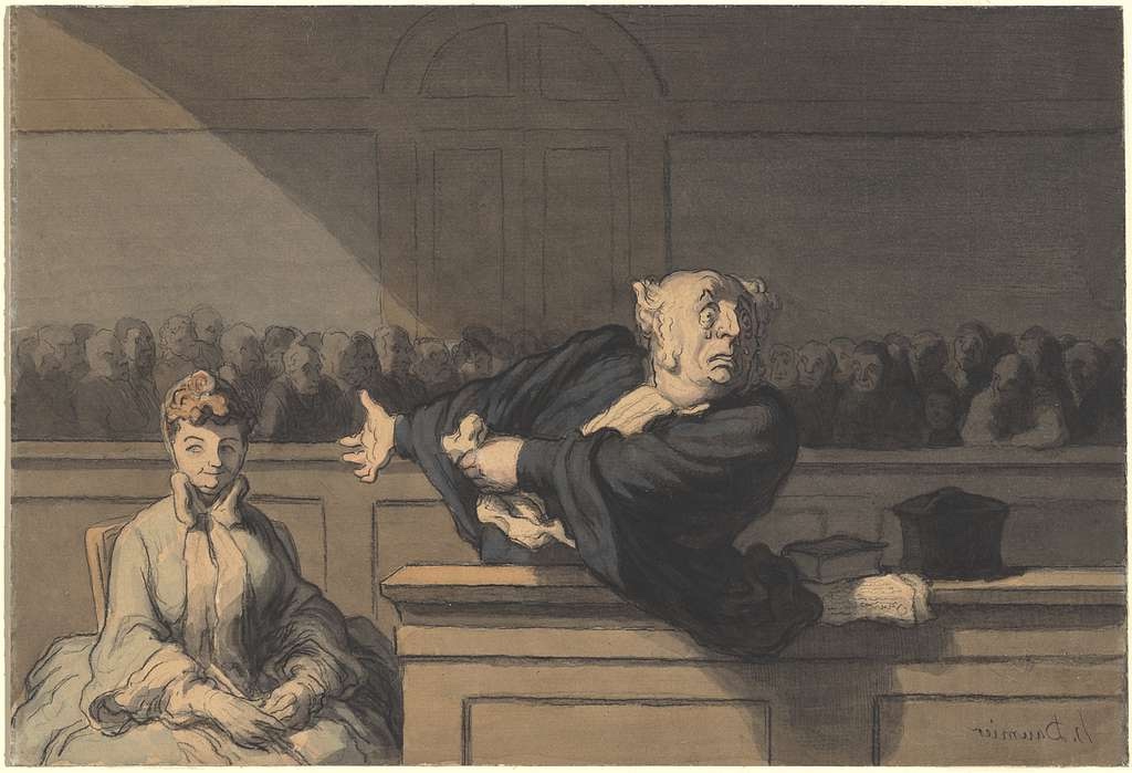 Honoré Daumier's lithograph 'Le Défenseur' depicting a lawyer in court, gesturing emphatically, with an attentive woman in the foreground.