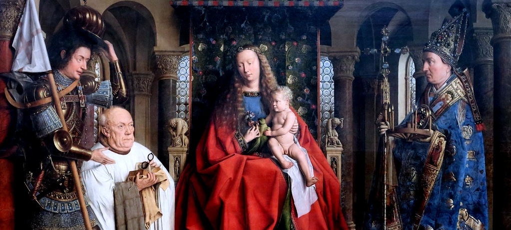 Jan van Eyck's 'Madonna with Canon Joris van der Paele' at the Groeningemuseum, Bruges, showcases the Virgin Mary and saints in a display of divine and material magnificence, reflecting the pinnacle of Early Netherlandish painting.