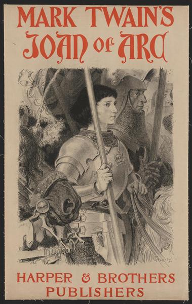 Mark Twain's 'Joan of Arc', a 19th-century book cover illustration by Eugène Grasset, depicting the heroic figure in armor with a lance.