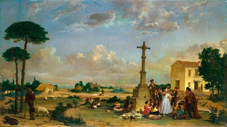 Lively 19th-century Costumbrista painting showcasing a social gathering around a stone cross in a Spanish rural landscape, under a dynamic sky by Joaquín Domínguez Bécquer during Romanticism period