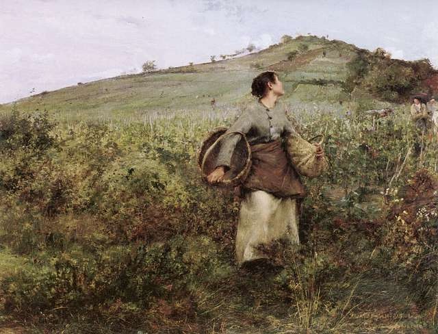 A painting by Jules Bastien-Lepage depicting a female harvester in a field, carrying a sickle and a basket, with a hill in the background and another worker partially visible.