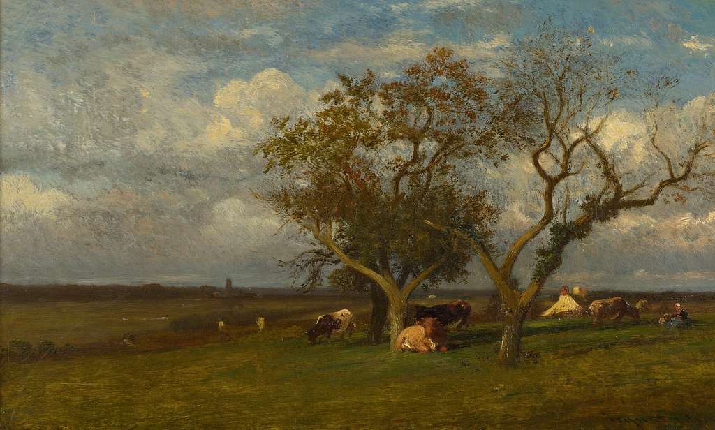 Oil painting by Jules Dupré depicting cattle grazing near trees with a distant figure and a hazy sky.