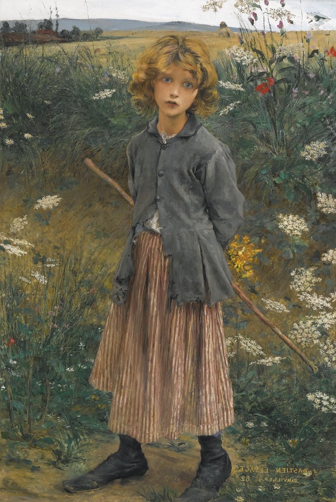 Jules Bastien-Lepage's painting of a young girl with golden hair standing on a path amidst a wildflower meadow, holding a twig.