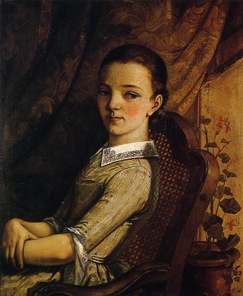 Portrait of Juliette Courbet as a young girl, seated in a wooden chair against a floral backdrop, painted by her brother Gustave Courbet in 1844.