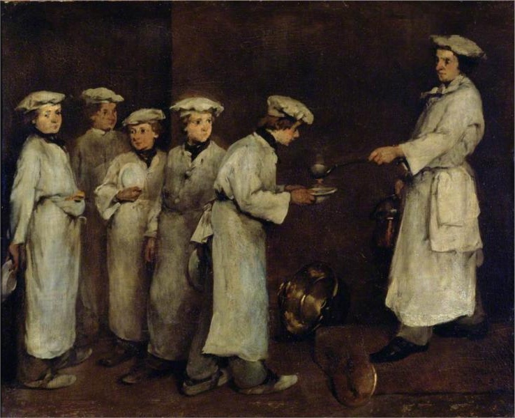 A 19th-century painting by Theodule Ribot, Théodule-Augustin Ribot or Théodule Ribot showcasing a group of cooks in white attire preparing food in a dimly lit kitchen, exemplifying chiaroscuro technique.