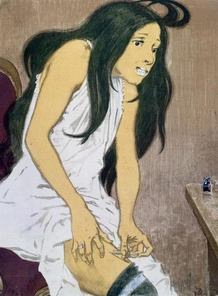 Eugène Grasset's 'La Morphiniste', a dramatic Art Nouveau artwork portraying a distressed woman in a white dress, capturing the societal concerns of the era.