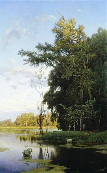 1881 landscape painting 'Lake in Gatchina Park' by Volodymyr Orlovsky, where calm waters mirror the tranquil skies.