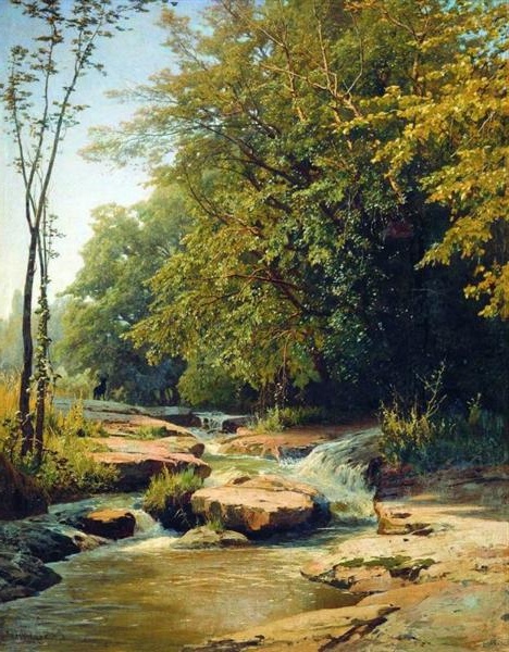 Landscape painting by Volodymyr Orlovsky depicting a mountain creek surrounded by lush foliage with glimpses of sky.