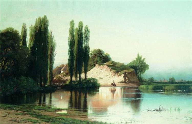 Volodymyr Orlovsky landscape painting with a river in Ukraine, poplar trees, and a reflection of the sky on water.