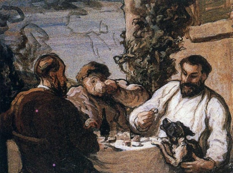 Honoré Daumier's painting 'Lunch in the Country' depicting three men around a rustic table, engaging in a meal.