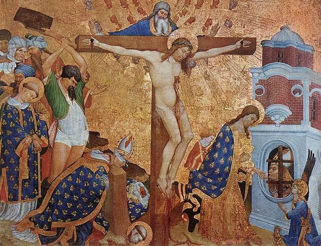 Crucifixion scene by Jean Malouel, International Gothic Art, 14th-century Netherlandish painting featuring Jesus on the cross, with figures in blue and gold medieval attire, and a gilded background, gothic art and renaissance