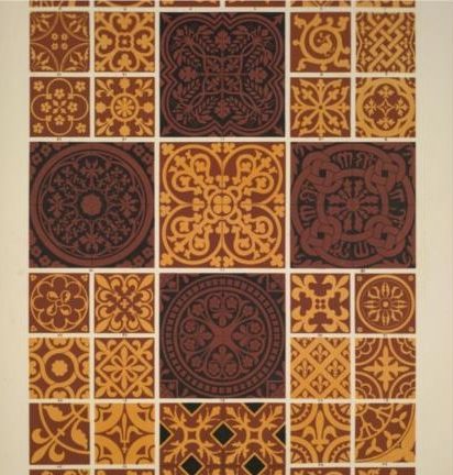 Collection of medieval encaustic tile patterns with intricate designs in warm tones.
