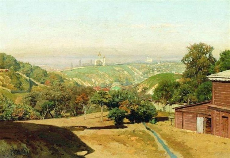 Volodymyr Orlovsky's painting 'View of Nizhny Novgorod', a landscape blending urban scenery with expansive skies.