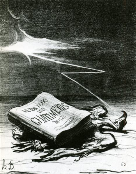 Black and white illustration of Victor Hugo's 'Châtiments' struck by lightning, symbolizing the power of literature and the written word.