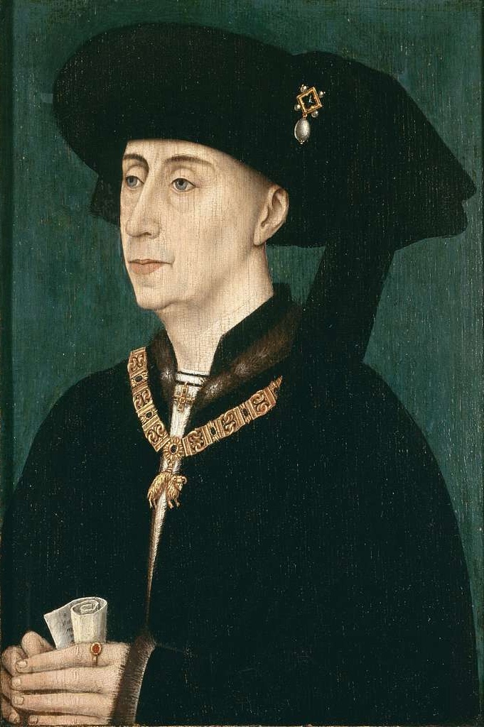 Portrait of Philip the Good, Duke of Burgundy, by Rogier van der Weyden, depicting the noble profile of the Duke in rich black attire and a chaperon hat with an elaborate brooch, emblematic of 15th-century nobility and the flourishing arts under his patronage.