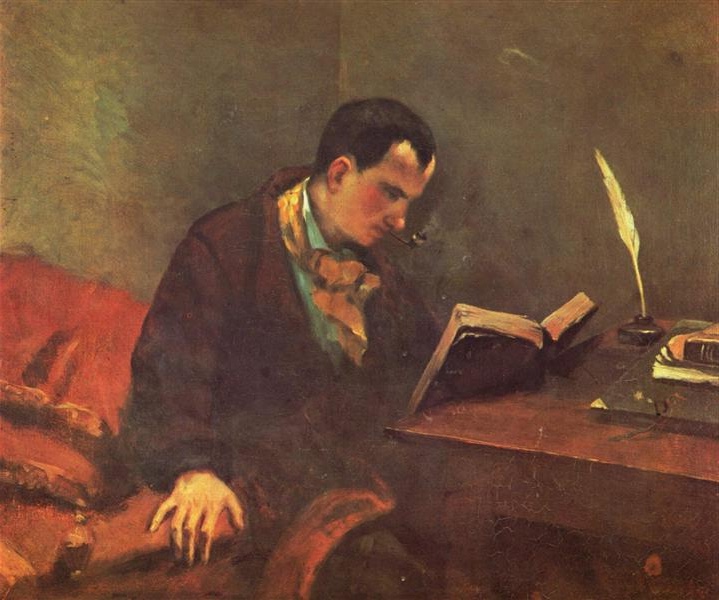 Gustave Courbet's 1849 oil painting 'Portrait of Charles Baudelaire' shows the poet engrossed in reading, with a quill and inkwell on the table.