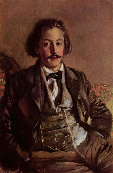 Adolph Menzel's portrait of Paul Johann Ludwig von Heyse, capturing the relaxed confidence of the German writer.