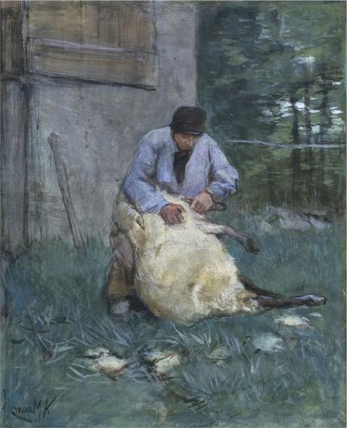 Anton Mauve's 'Schapenscheerder', depicting a sheep shearing scene, resonates with the Dutch Realism and the Hague School's pastoral focus.