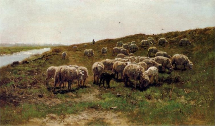 Anton Mauve's 'Sheep on a Dyke', a serene Dutch Realism scene with sheep grazing, under the Hague School's diffused lighting.