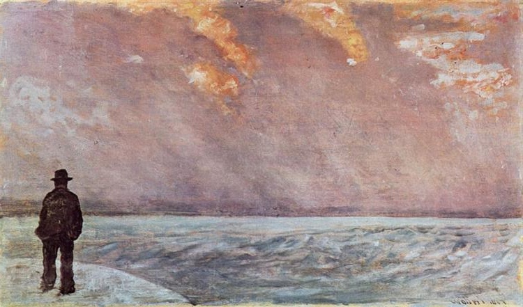 Painting by Giovanni Fattori depicting a solitary figure contemplating the sea at sunset, blending Macchiaioli and Impressionist influences.