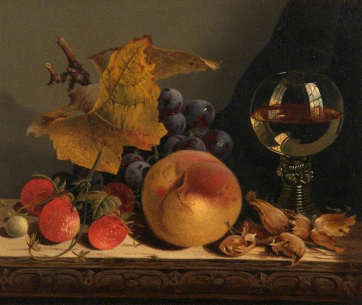Edward Ladell's still-life painting featuring fruits and a reflective wine glass, exemplifying Dutch still-life influence.