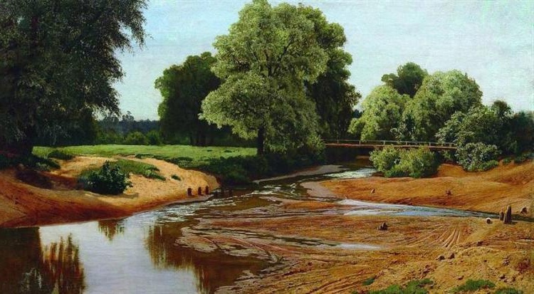 Volodymyr Orlovsky's landscape painting of a summer river with green banks and a bridge, reflecting the sky above.
