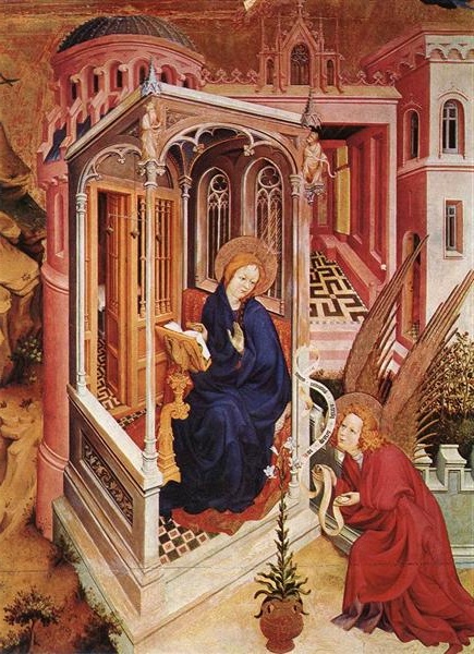 A detailed panel showing the Virgin Mary during the Annunciation, alone in contemplation within a richly decorated Gothic niche, symbolizing her purity and divine selection.