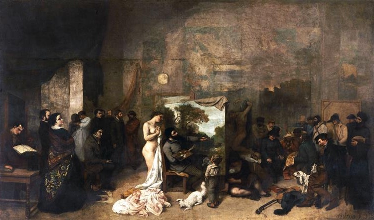 Gustave Courbet's large painting 'The Artist's Studio,' a 'real allegory' summing up seven years of his artistic life, with various figures including the artist himself.