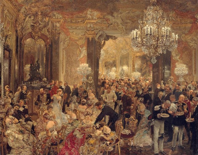 Detailed 19th-century painting of an opulent ballroom scene filled with elegantly dressed guests. A Realist paintings